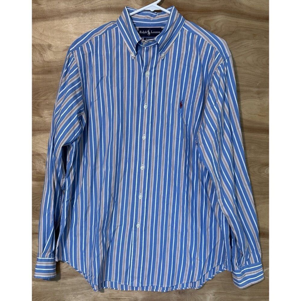 Ralph Lauren mens Large button Down up shirt classic fit Blue striped cotton
